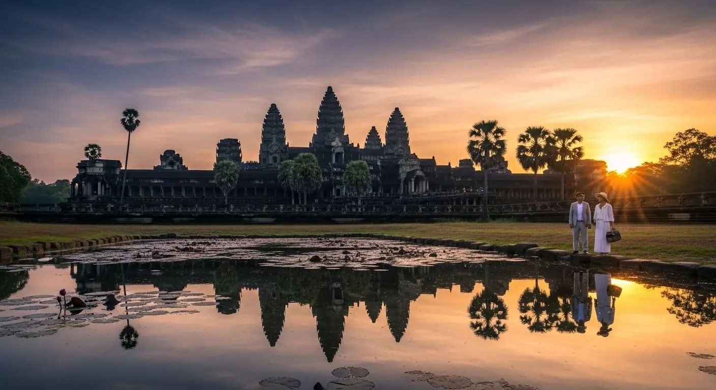 Ancient temple silhouetted at sunset, evoking the heritage of cultural travel