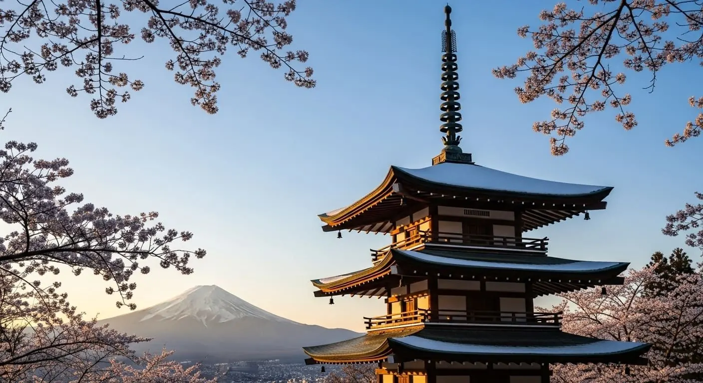 Chureito Pagoda framed by cherry blossoms with Mount Fuji in the background, Japan