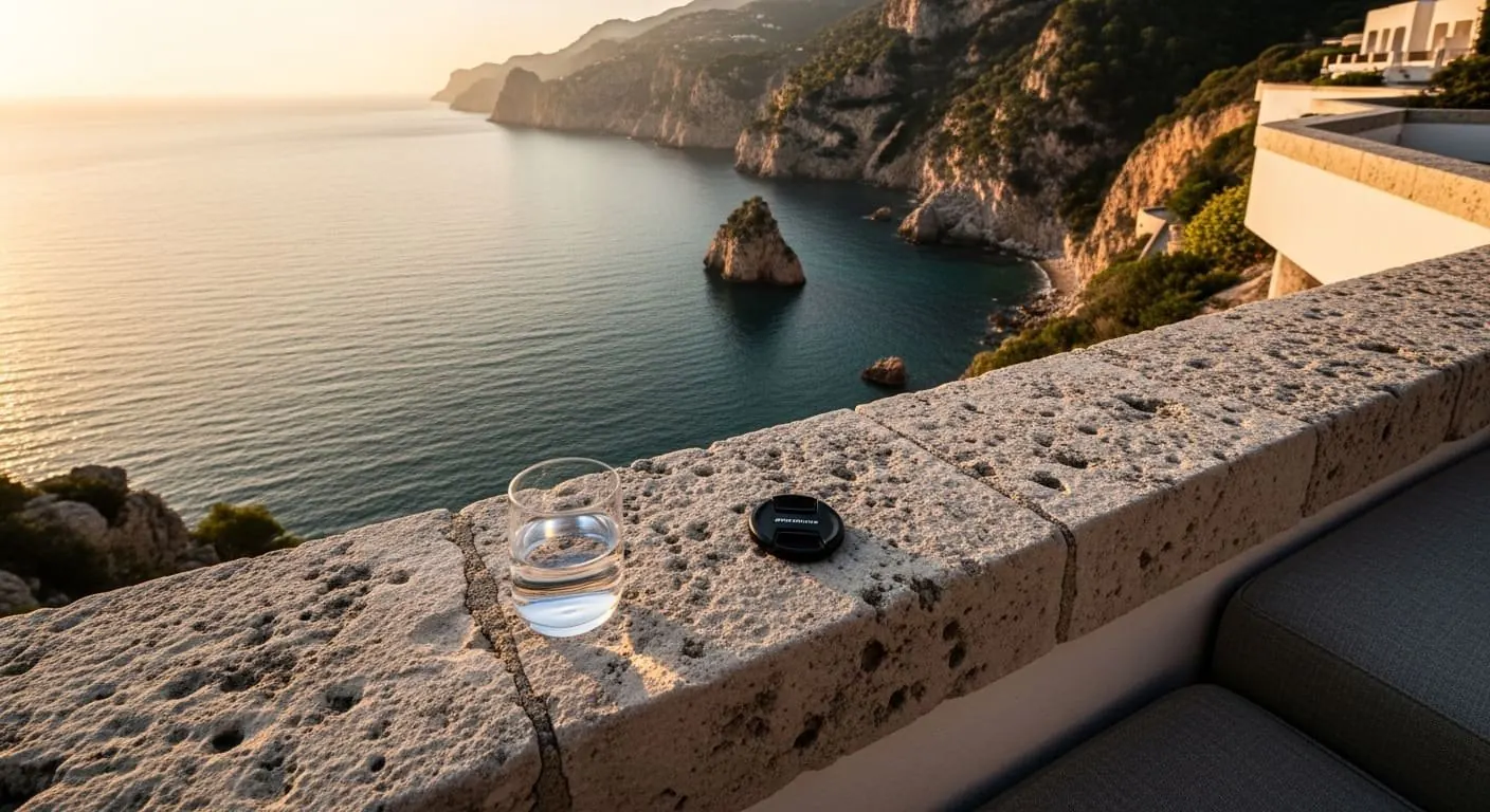 Quiet luxury terrace overlooking dramatic coastal cliffs at golden hour