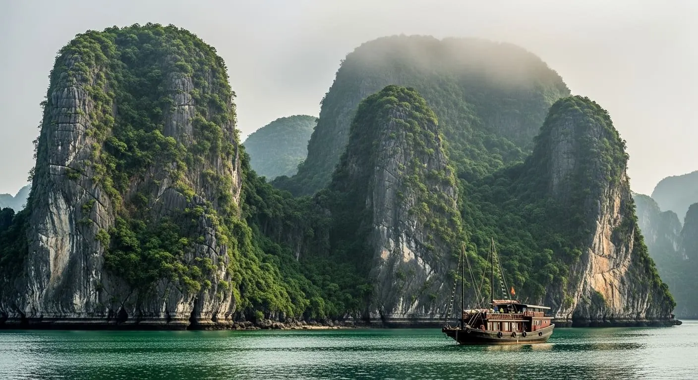 Traditional wooden boat drifting through misty karst waters — a tranquil natural retreat
