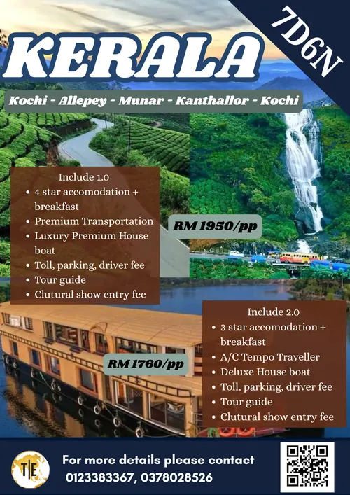 Kerala tour package poster: Kochi, Alleppey houseboat, Munar tea hills and Kanthallor, 7 days 6 nights