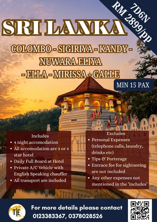 Sri Lanka tour package poster: Colombo, Sigiriya, Kandy, Nuwara Eliya, Ella, Mirissa and Galle, 7 days 6 nights