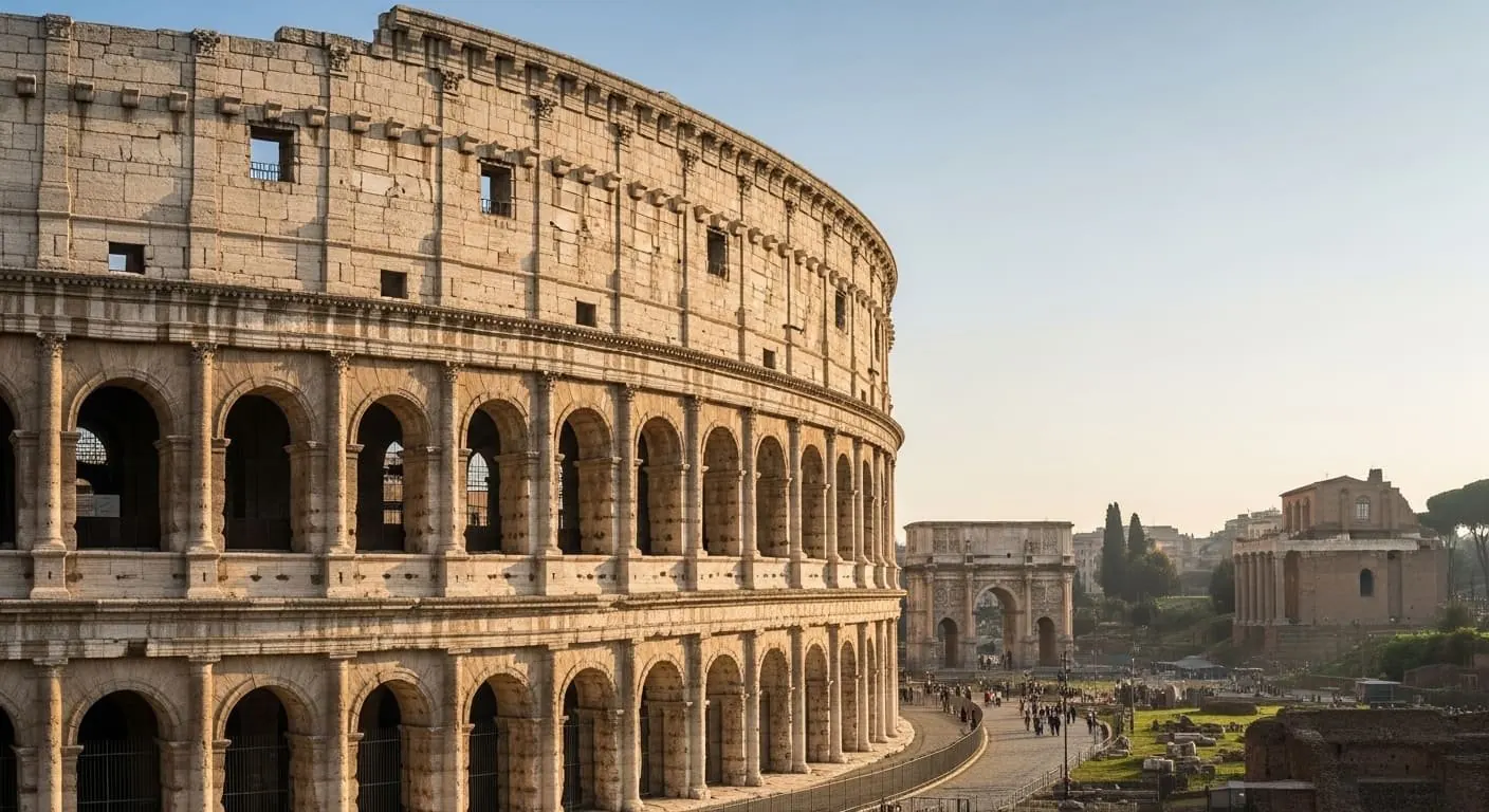 Iconic ancient stone amphitheatre at golden hour — symbol of pilgrimage to sacred places