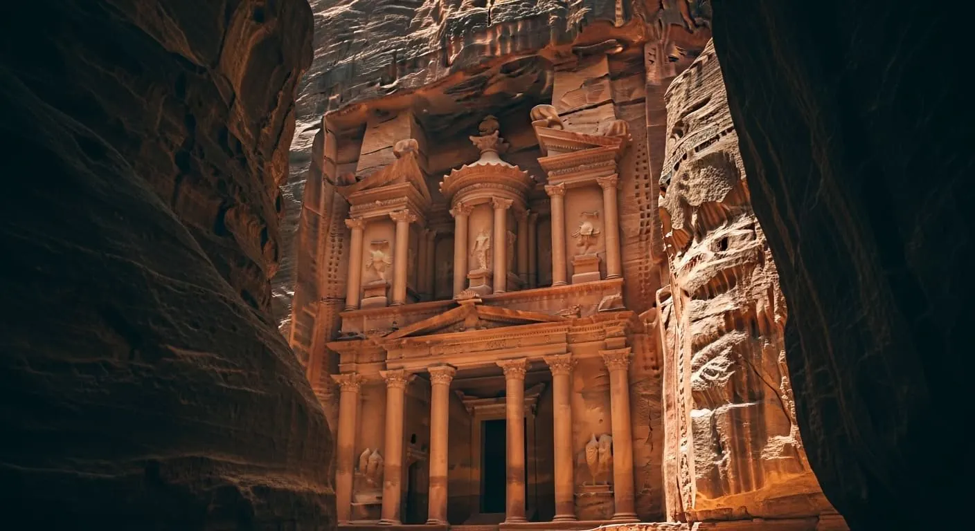 Sacred temple carved into towering rock, glowing in warm light