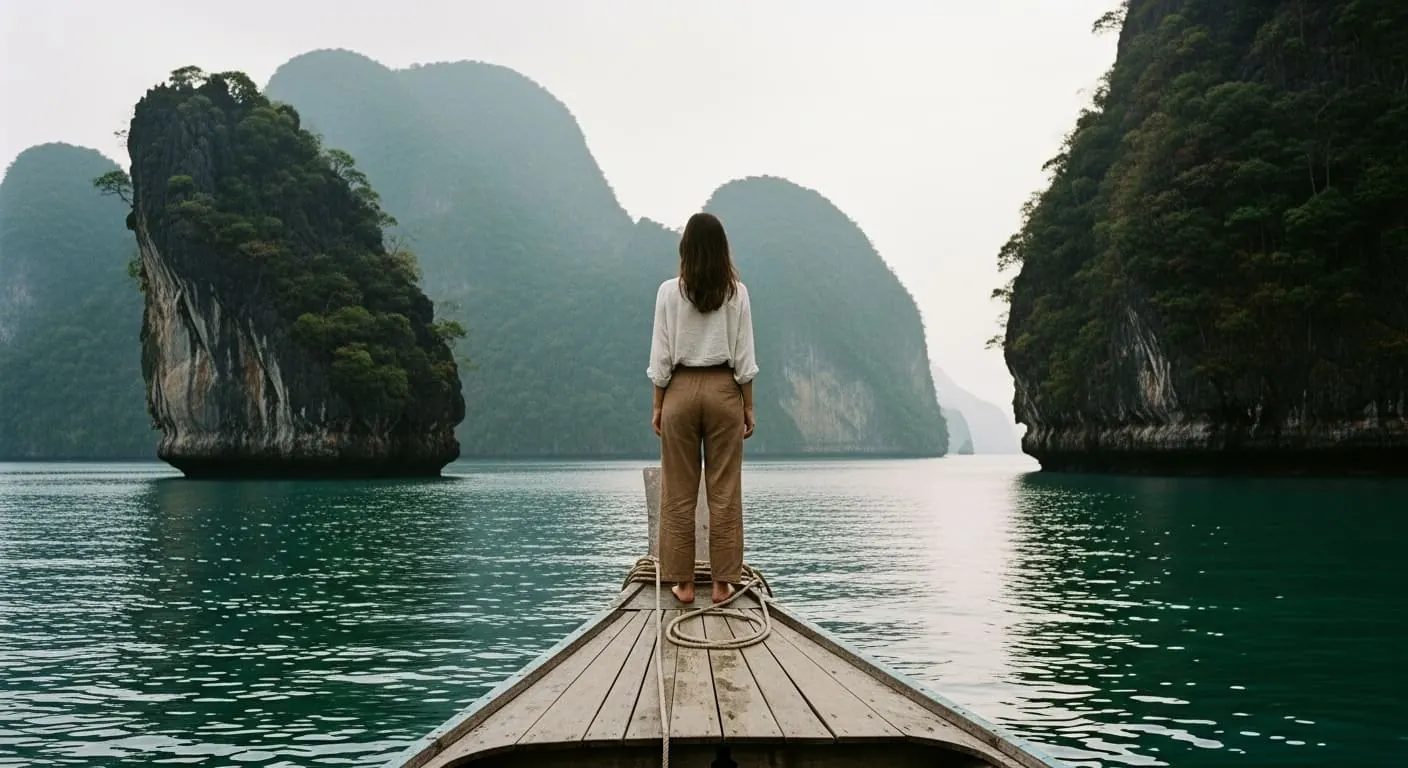 Traveller standing on a wooden boat between karst islands at dawn — the spirit of journey